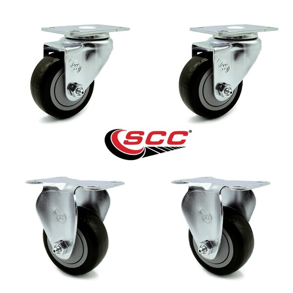 3 Inch Black Polyurethane Wheel Swivel Top Plate Caster Set with 2 Rigid SCC